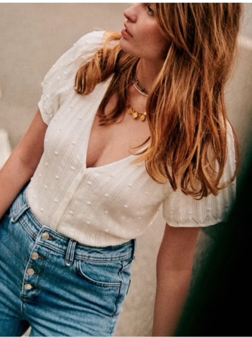 Sezane Justine Jumper Pointelle Knit Ivory Button Front V-Neck Cardigan Top X